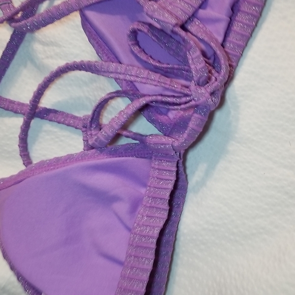 NWOT  PURPLE GLITTER DETAIL CROSS BACK TIE SWIMSUIT SWIM BRA TOP - Picture 3 of 4